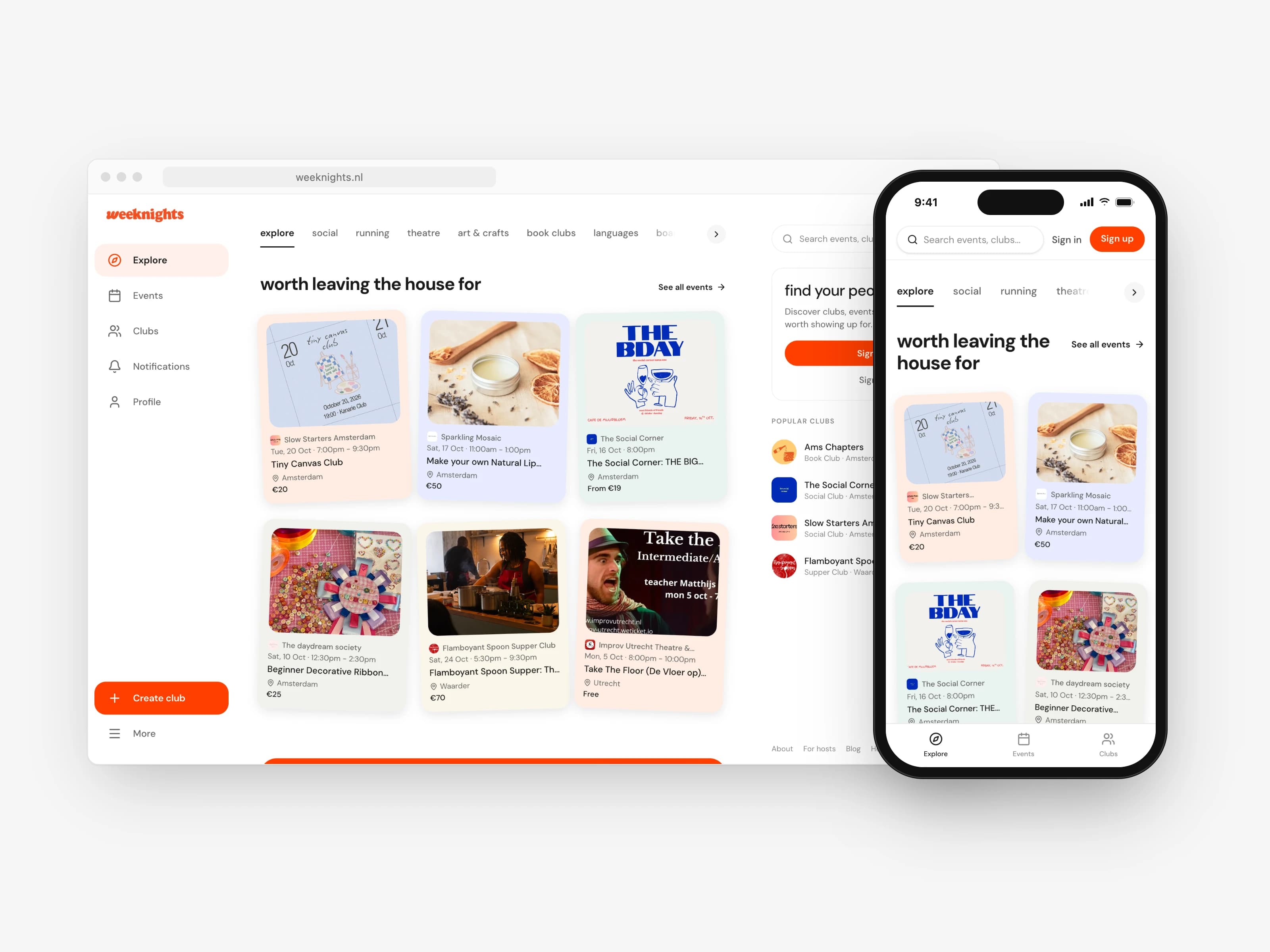 Weeknights explore page showing events and clubs